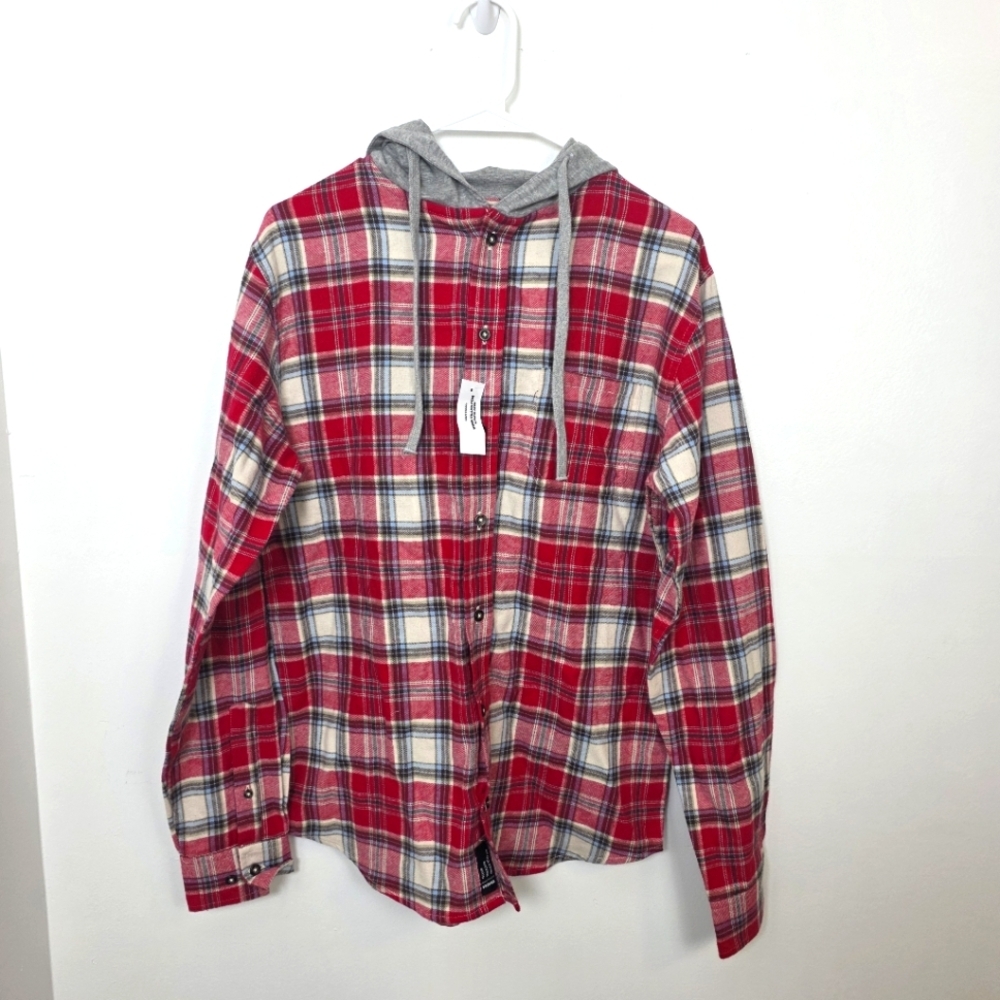 NEW RSQ Red Cream Plaid Button Up Hooded Outdoor‎ Flannel Jacket Size Small